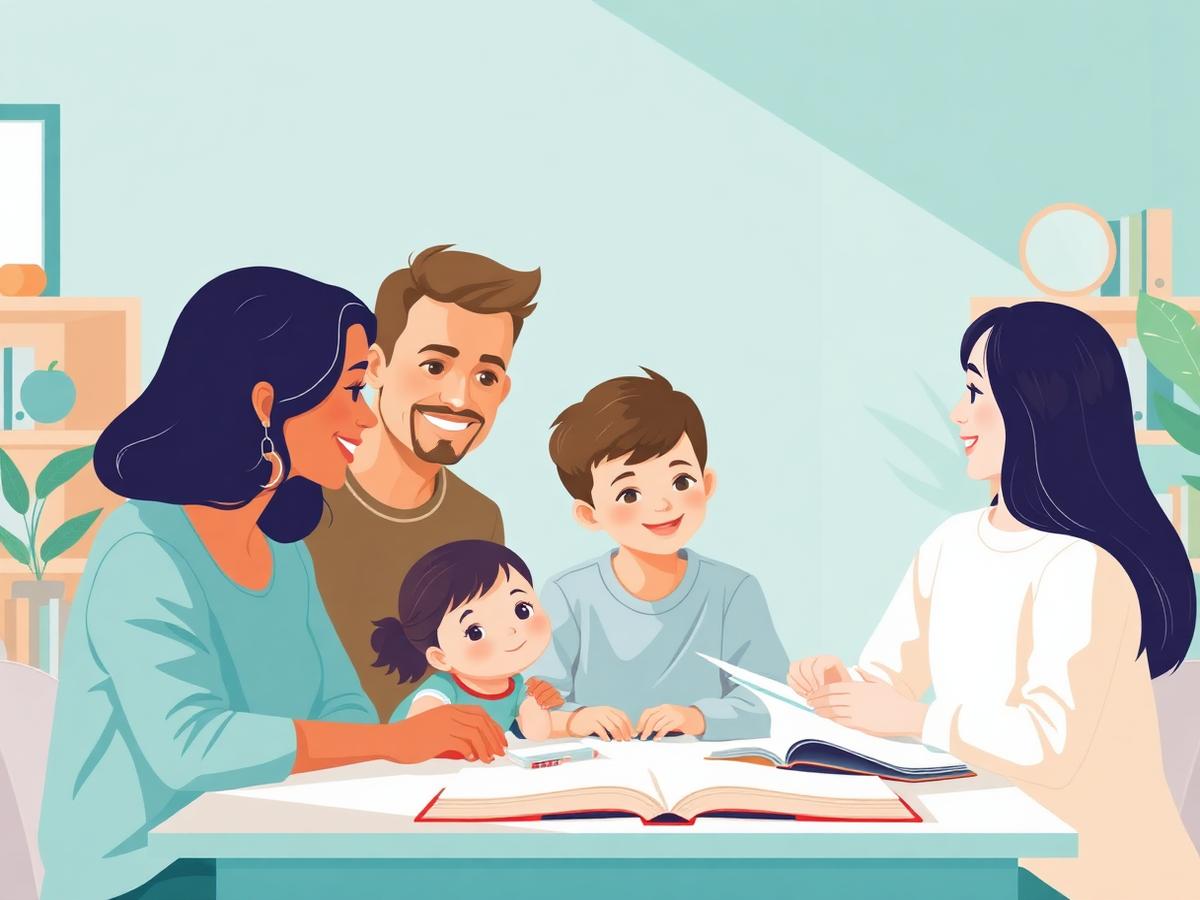 A family talking with a friendly tutor in a bright, welcoming space